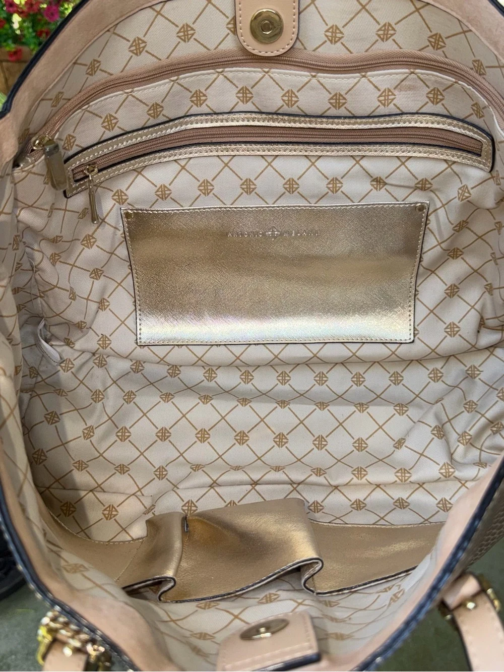 ANTONIO MELANI Metallic Champagne Snake-Texture Leather Tote